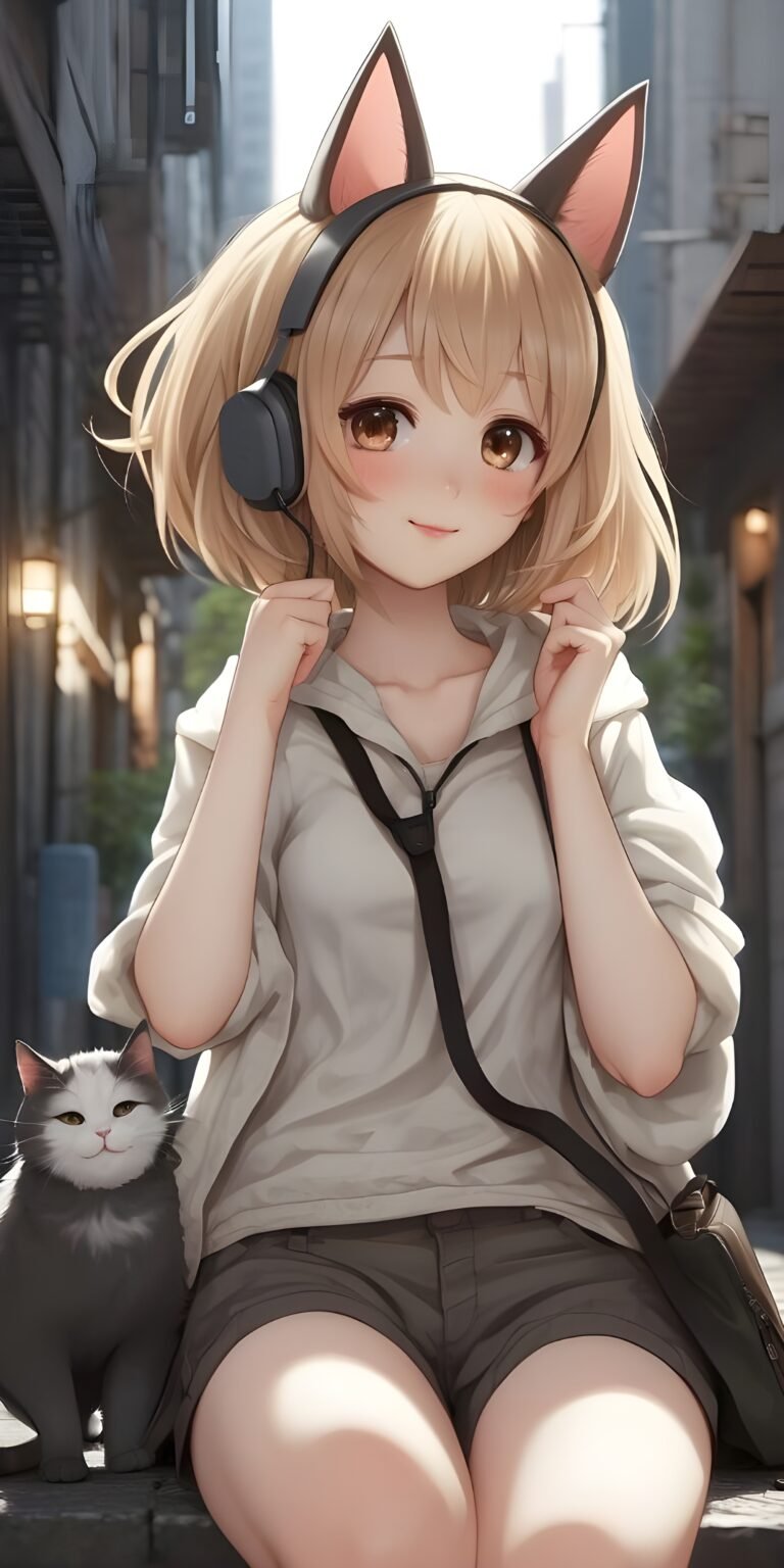 Anime Cute Girl and Cat Phone Wallpaper