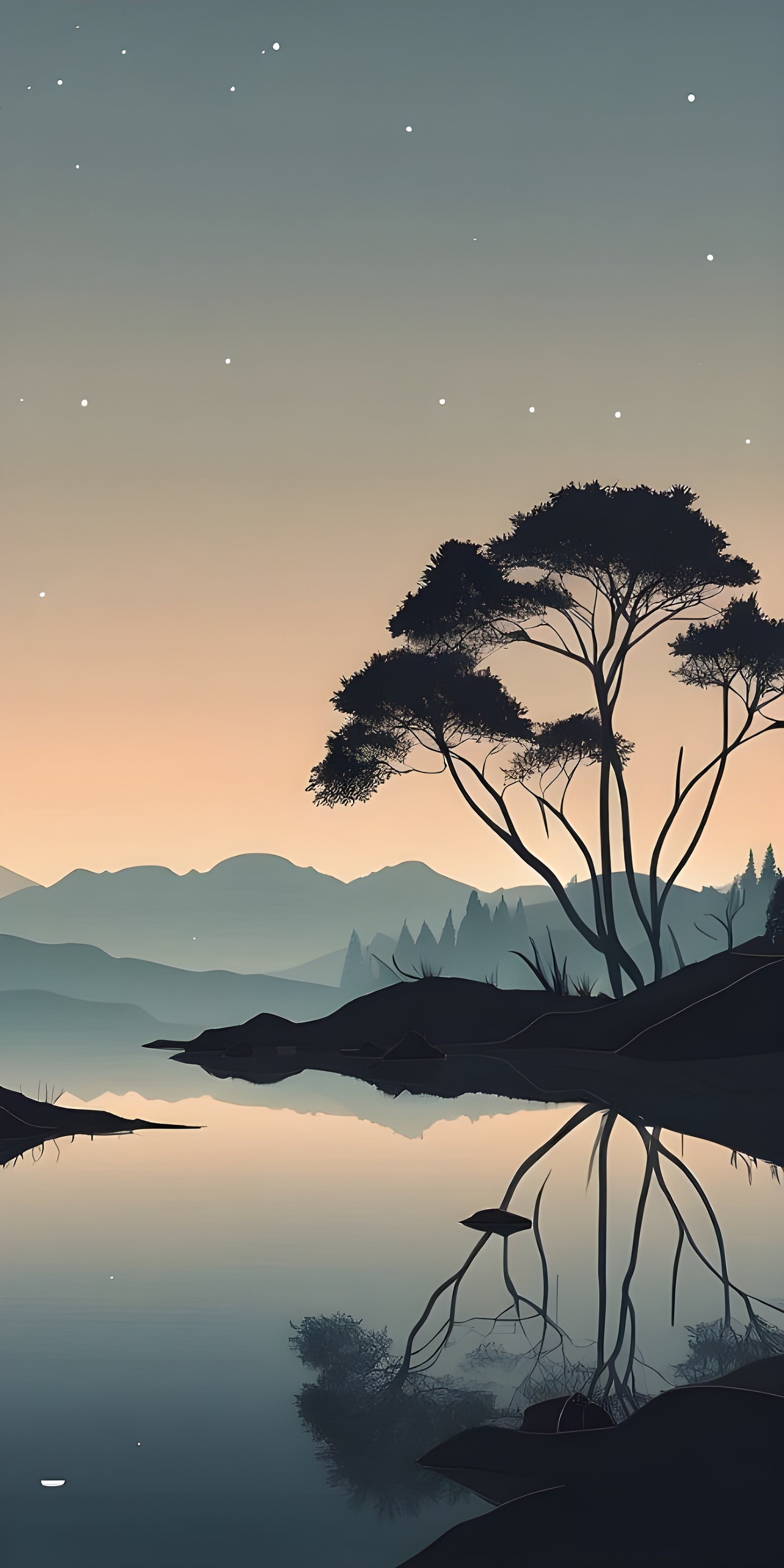 Beautiful Lake and Tree Black Minimalistic Wallpaper for Phone