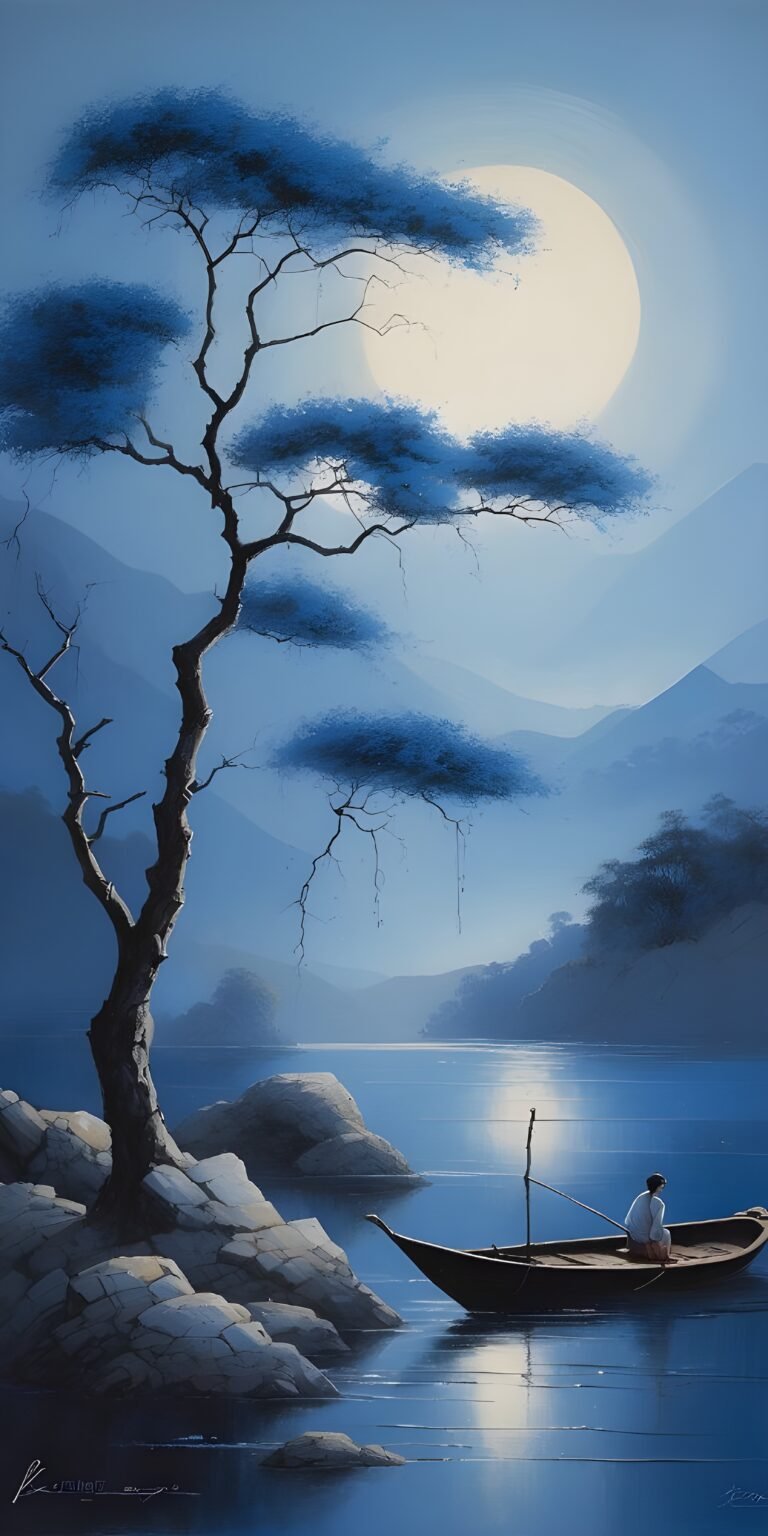 Blue and White Environment Minimalistic River and Tree Phone Wallpaper