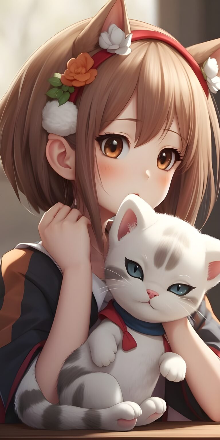 Cute Cat and Anime Girl Wallpaper for Phone