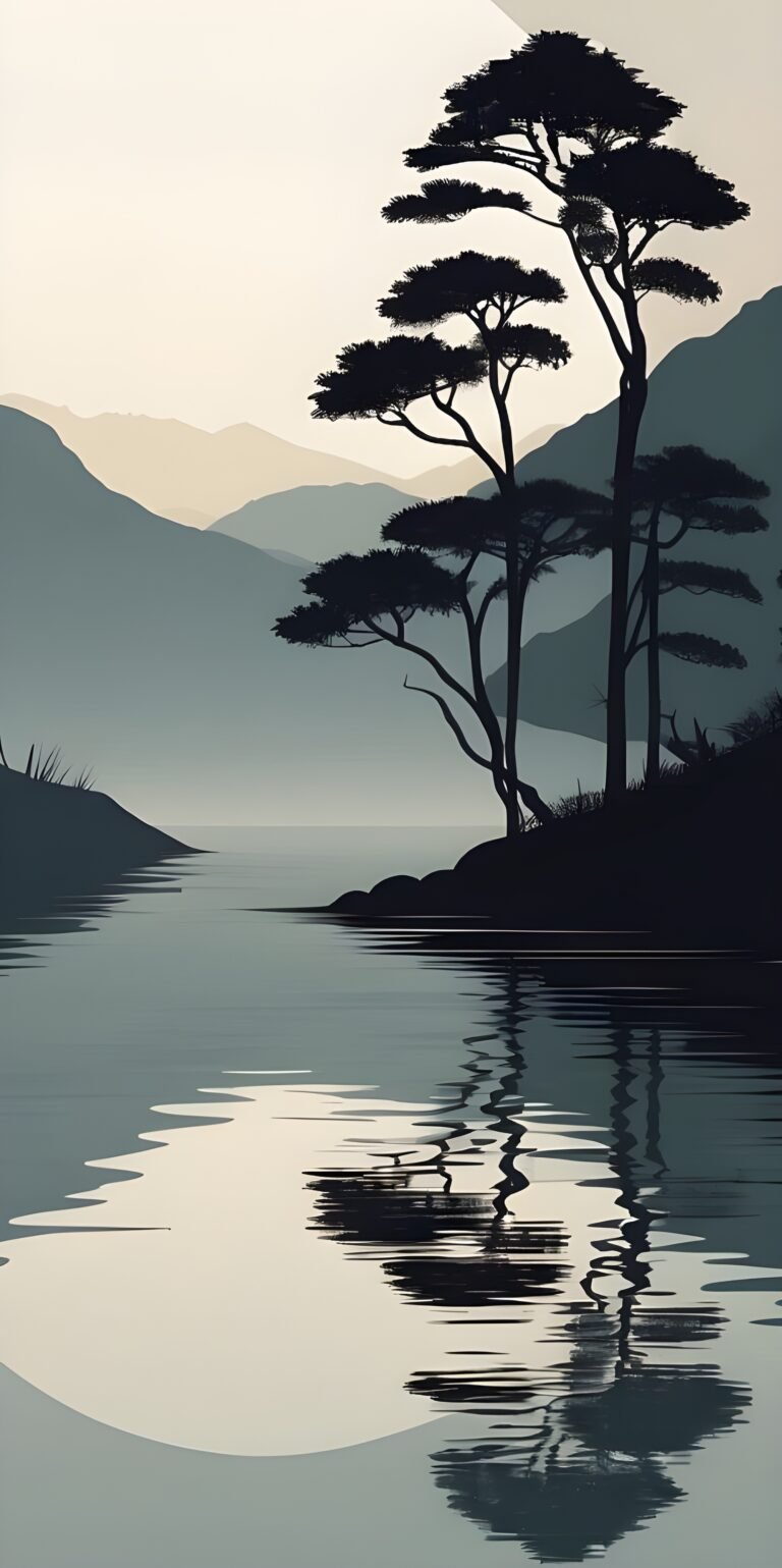 Tree and Lake Minimalistic Wallpaper for Phone, White