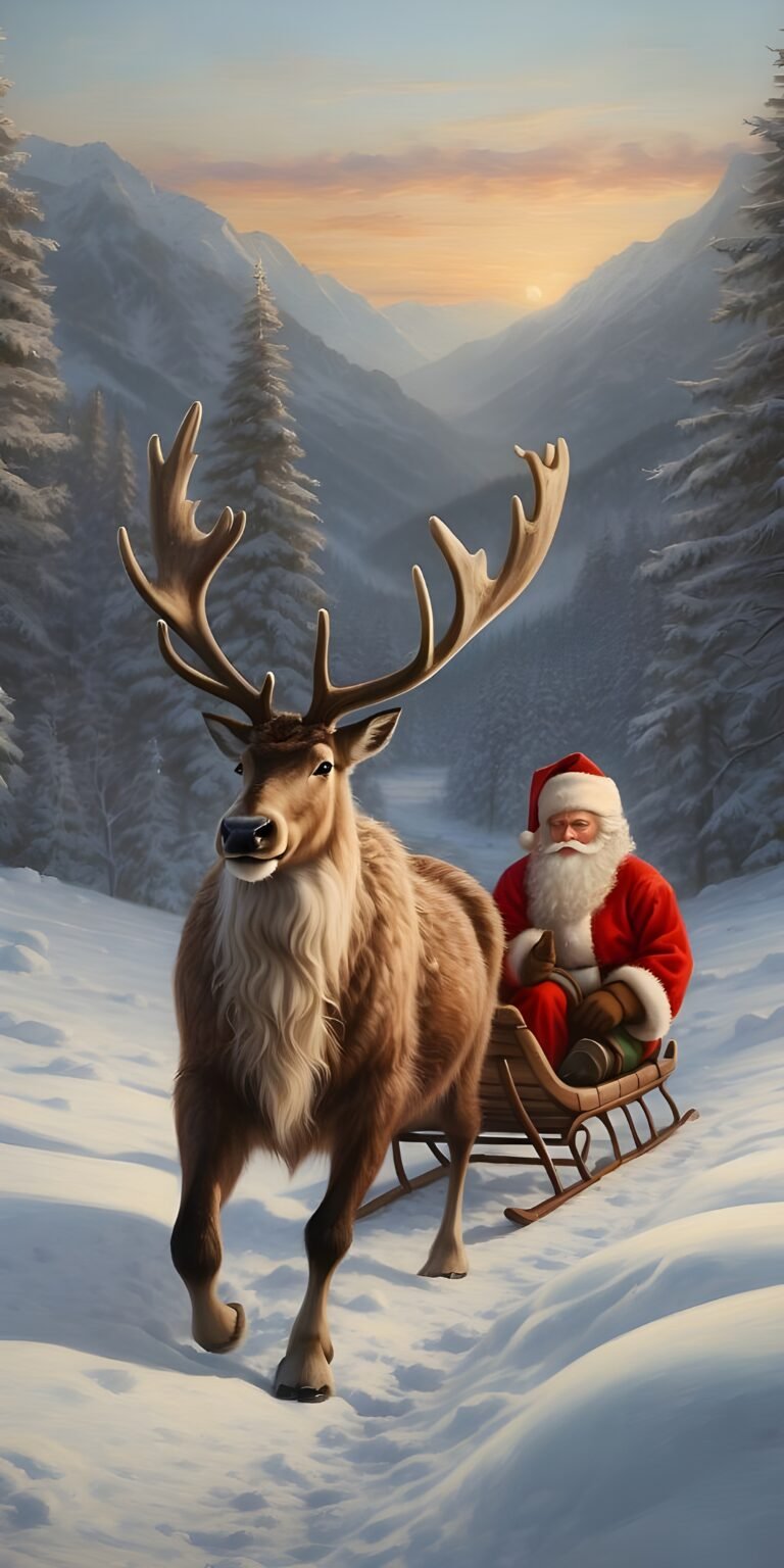Vintage Style Reindeer Pulling a Sled and Santa