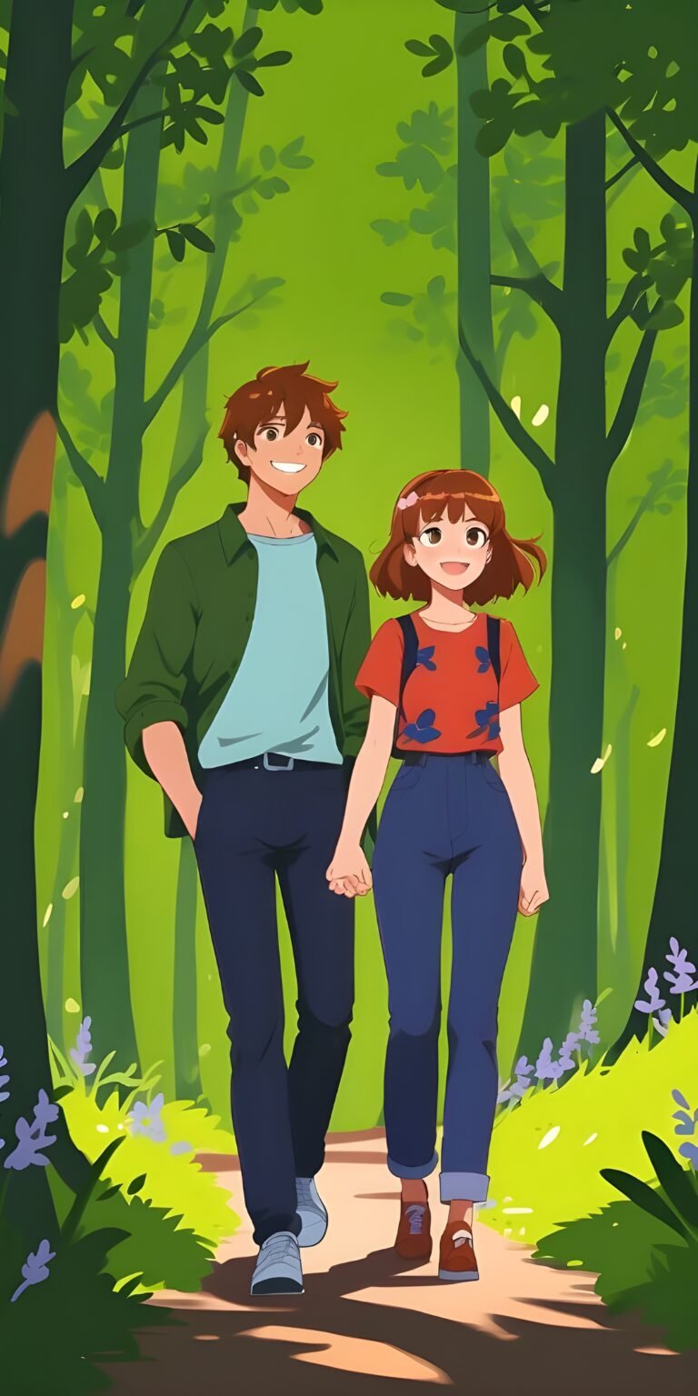 Boy and Girl Phone Wallpaper, Cartoon Style, Love