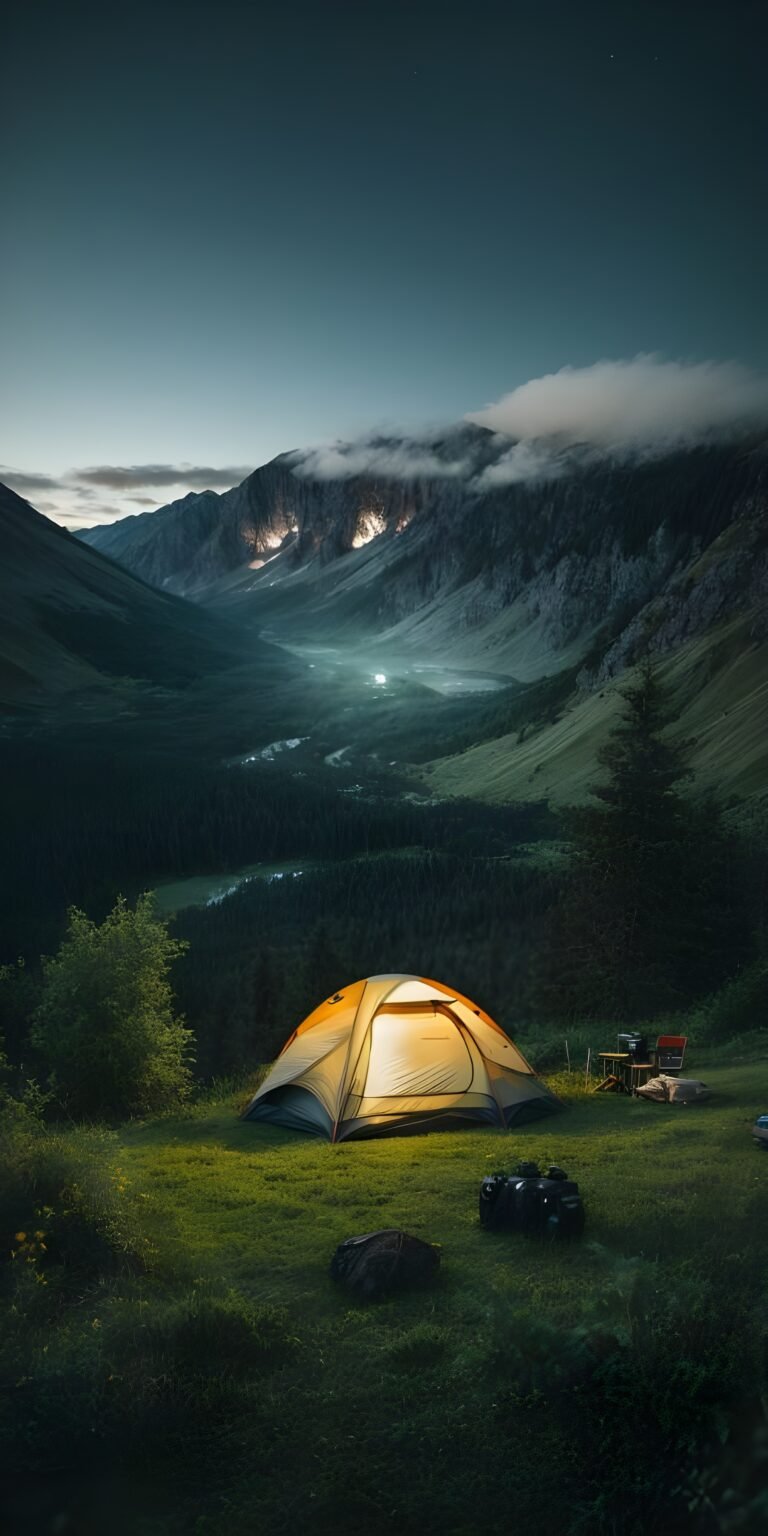Camping Evening, Mountain, Greenery Phone Wallpaper