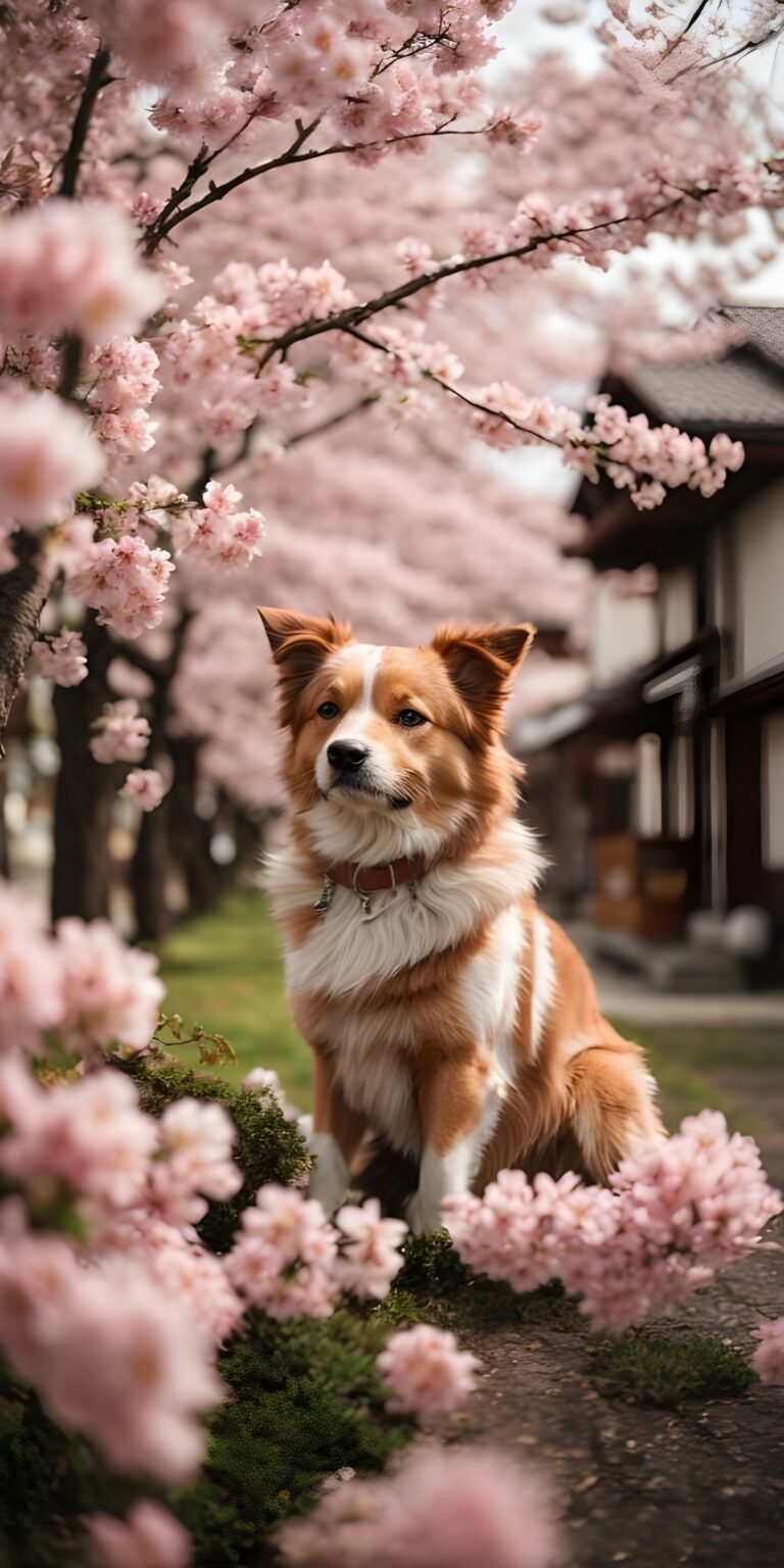 Cherry Blossom Flower Dog Best Phone Wallpaper