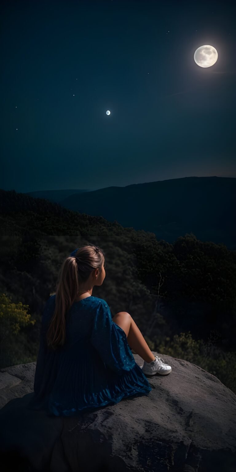 Cute Girl near Moon at Night Phone Wallpaper Download HD