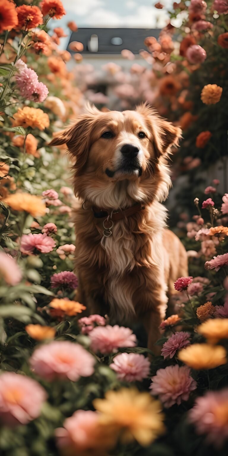 Dog and Flowers Phone Wallpaper
