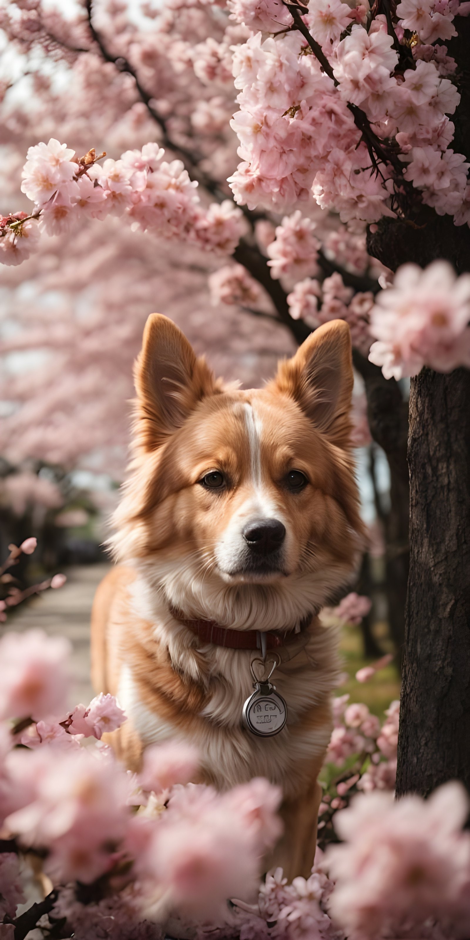 Dog in Blooming Cherry Blossom Phone Wallpaper