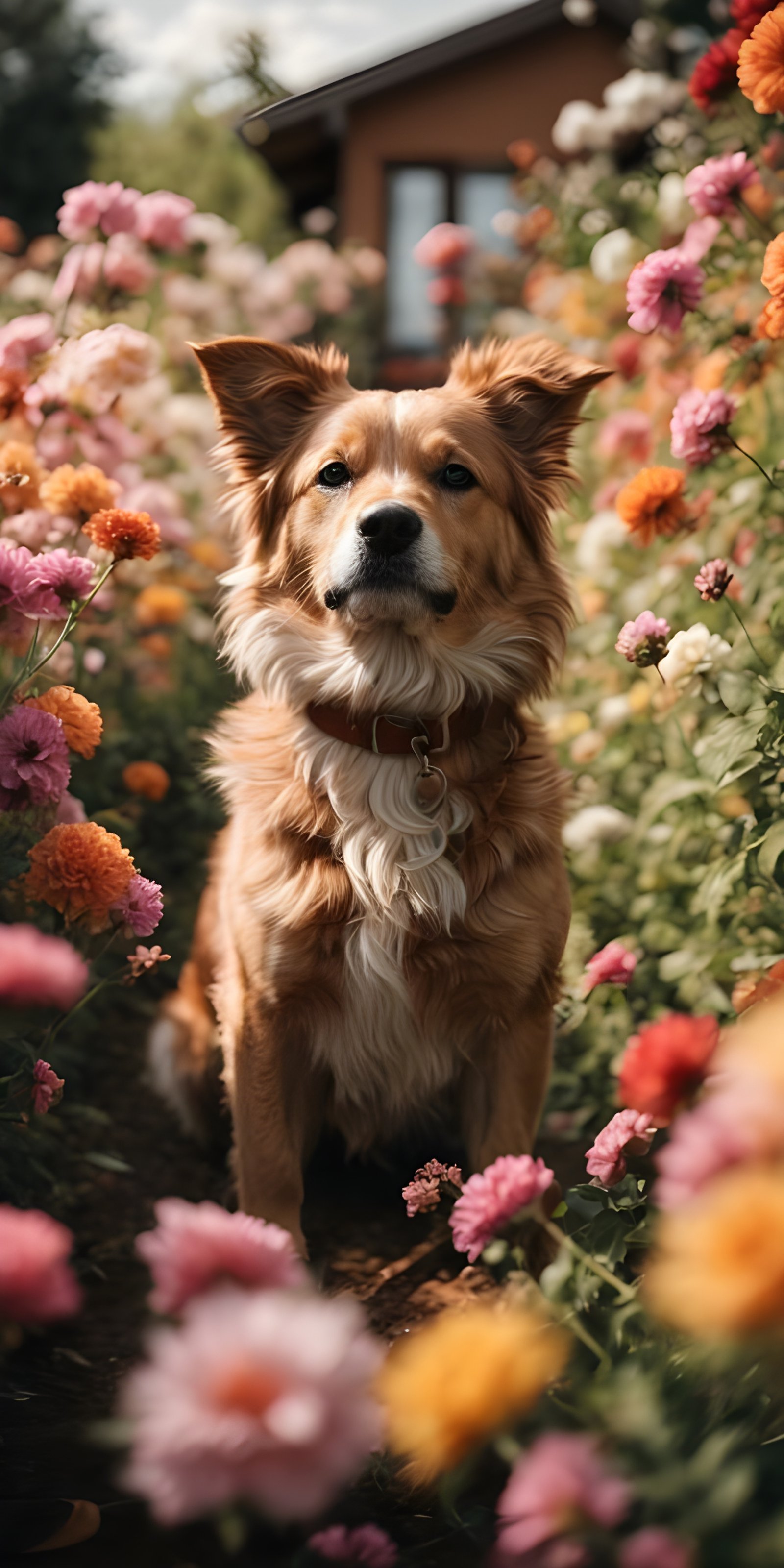 Dog in Flower Garden Best Phone Wallpaper