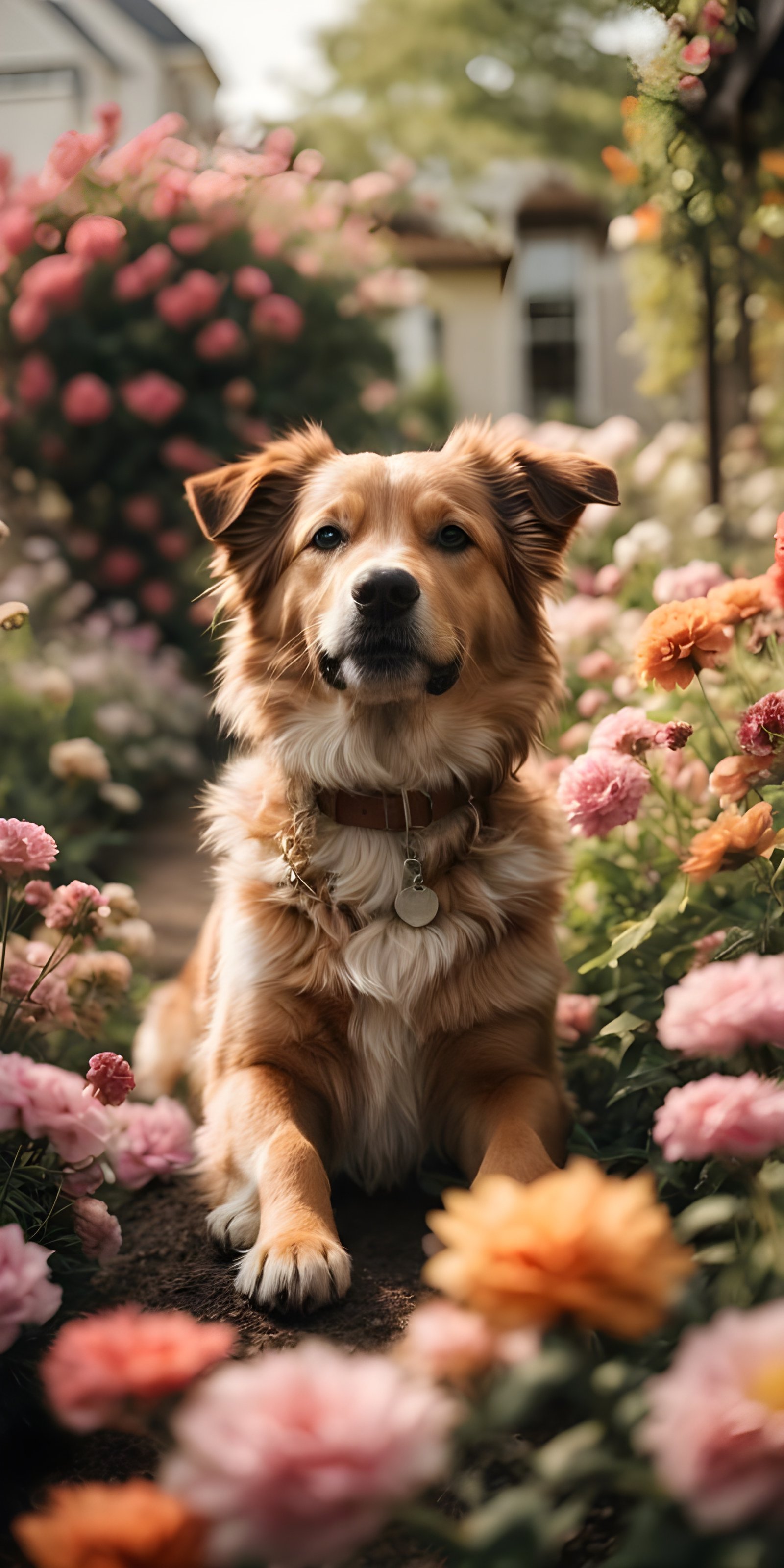 Dog in Flower Garden Phone Wallpaper