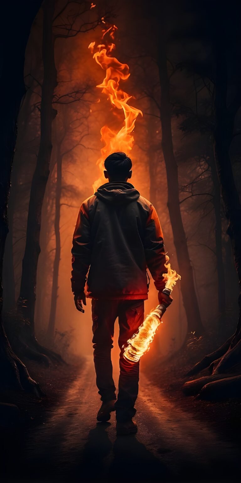 Gaming Wallpaper for Phone, Boy with Fire Stick, VFX