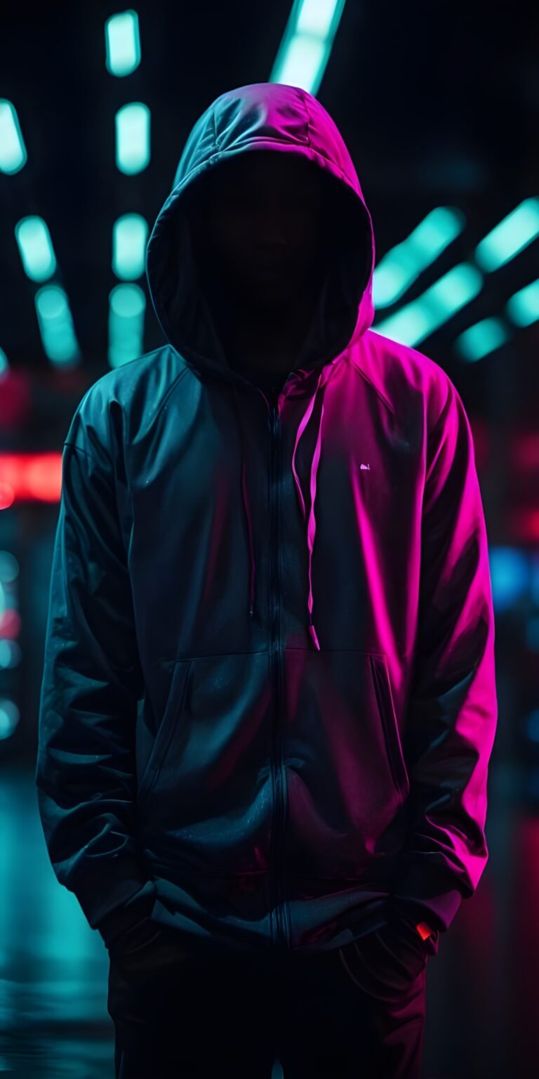 Neon Lights, Human in Hoodie