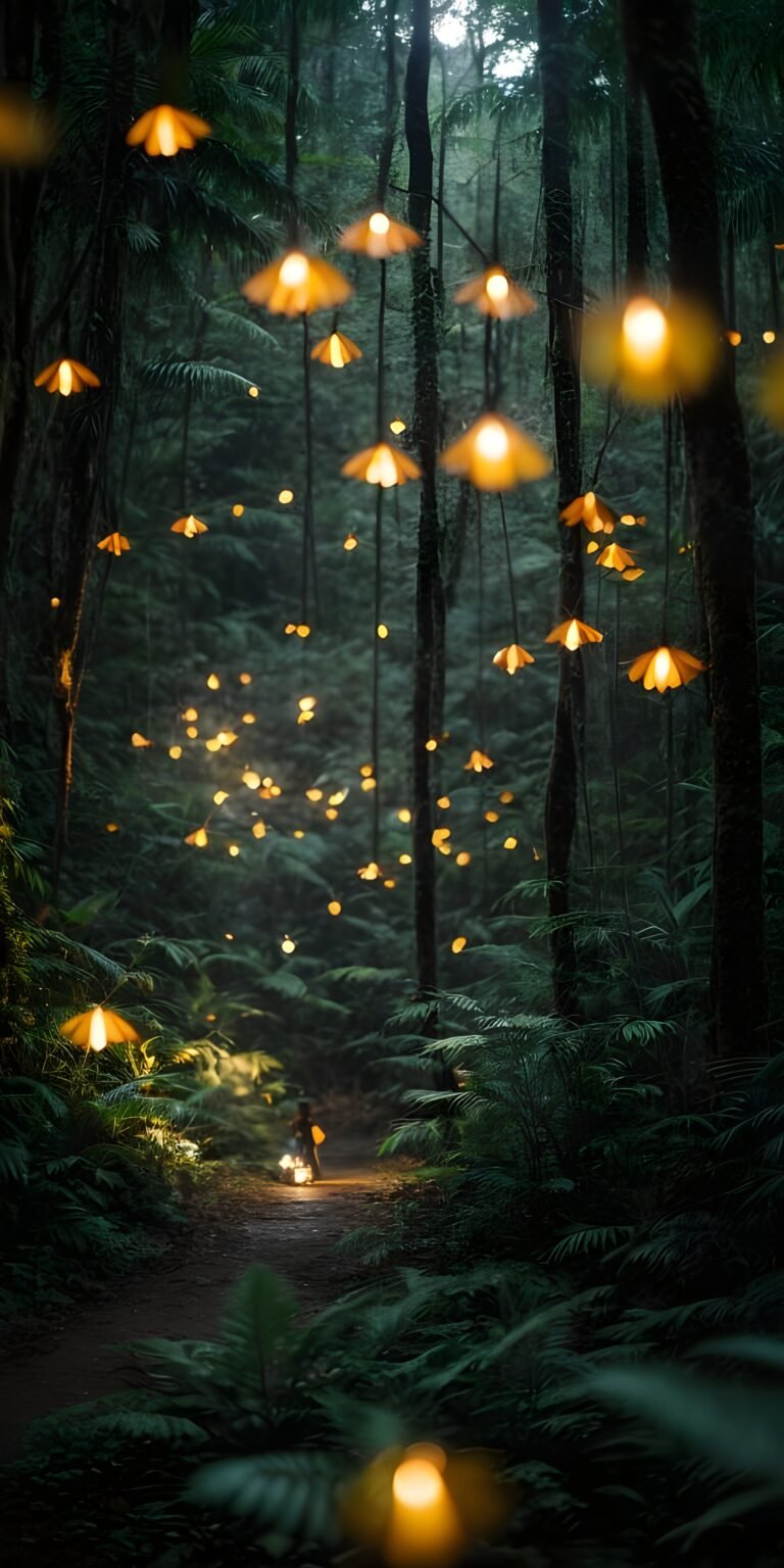 Night, Yellow Lights Phone Wallpaper, Forest, Nature