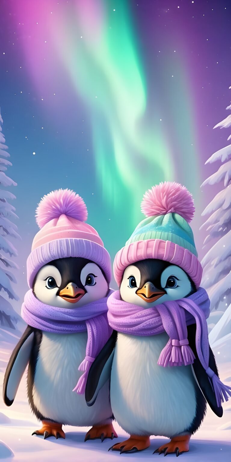 Penguin Couple Wallpaper, Aurora, Winter