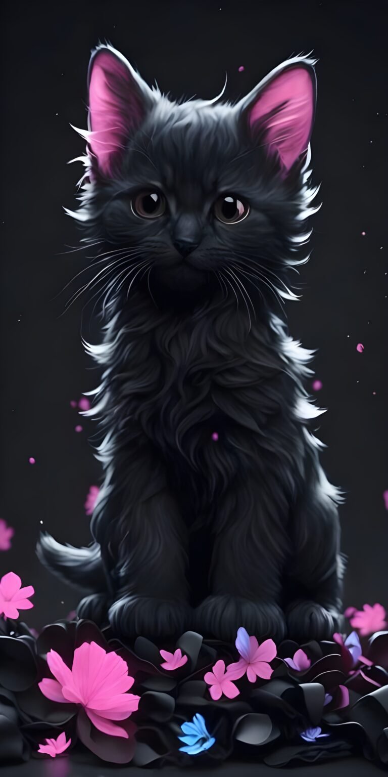 Furry Cat Black, Pink, Flowers Phone Wallpaper HD