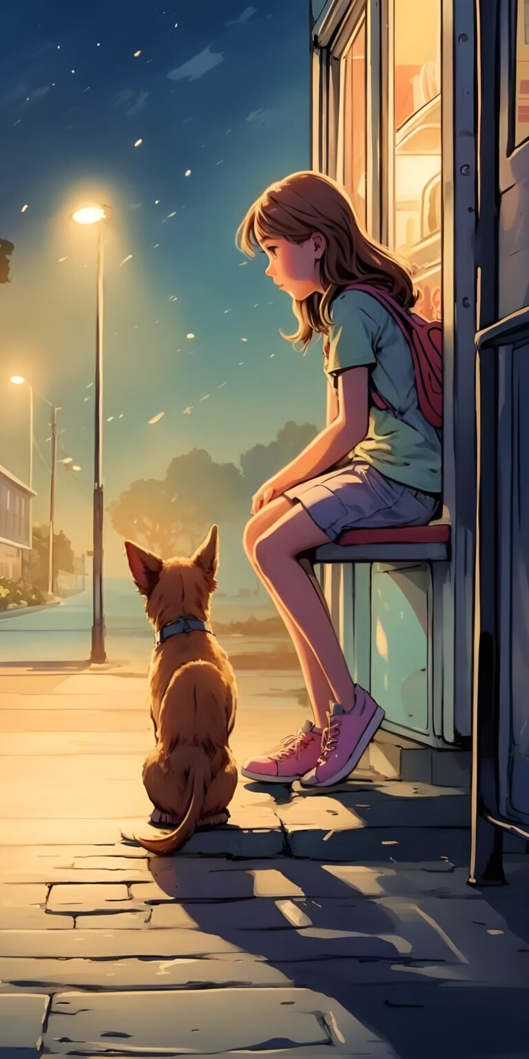 Girl and Dog Cartoon Style Wallpaper