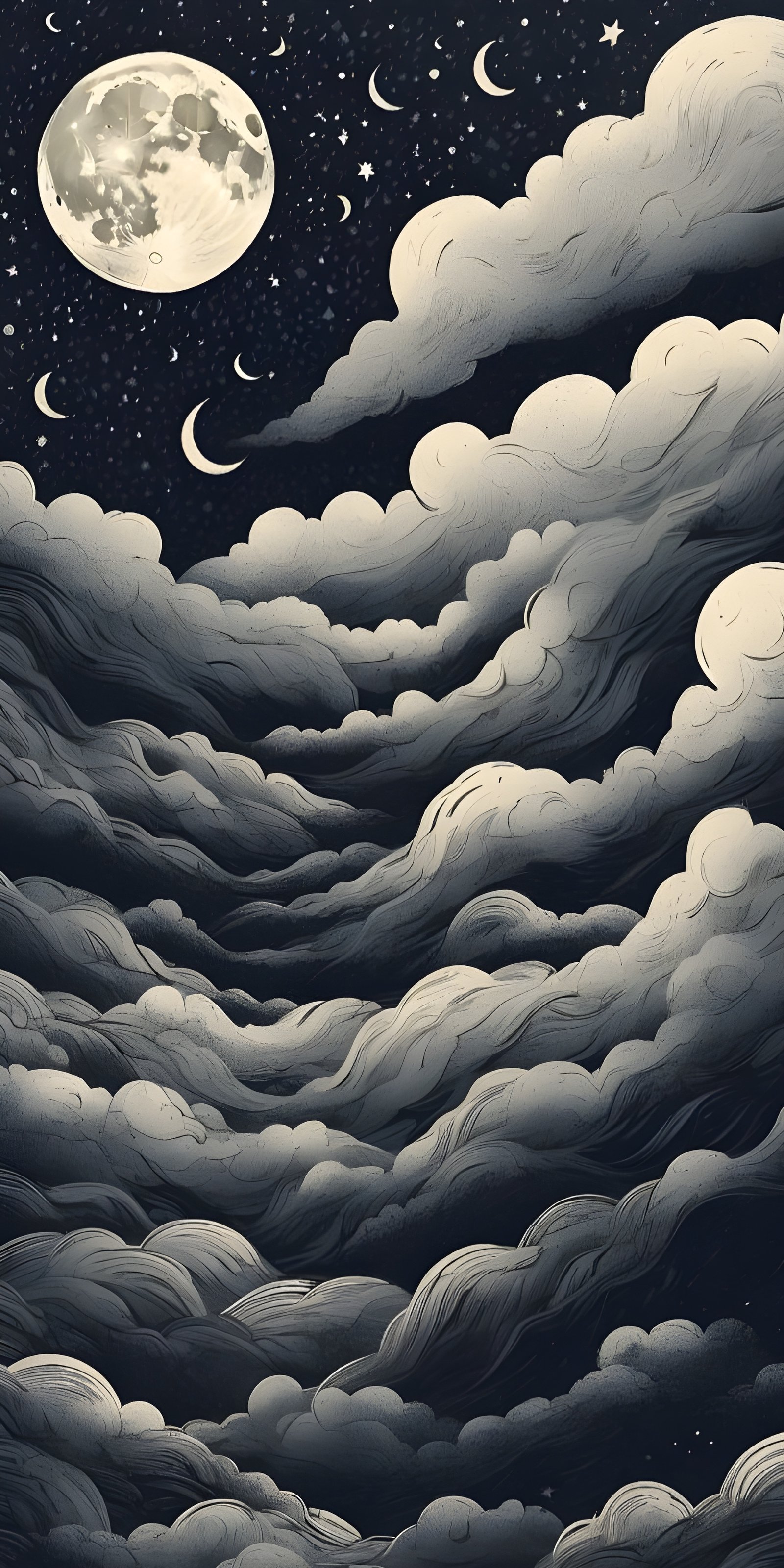Night Wallpaper for Mobile, Moon, Black and White, Clouds