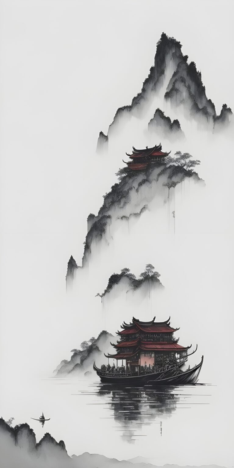 White Japanese Wallpaper for Phone, River, Mountain